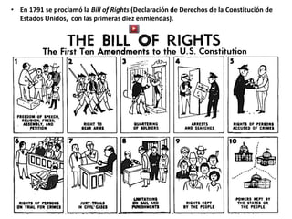 • En 1791 se proclamó la Bill of Rights (Declaración de Derechos de la Constitución de
Estados Unidos, con las primeras diez enmiendas).
 
