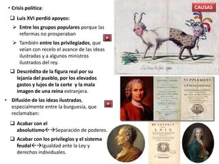 CAUSAS• Crisis política:
 Luis XVI perdió apoyos:
 Entre los grupos populares porque las
reformas no prosperaban
 También entre los privilegiados, que
veían con recelo el avance de las ideas
ilustradas y a algunos ministros
ilustrados del rey.
 Descrédito de la figura real por su
lejanía del pueblo, por los elevados
gastos y lujos de la corte y la mala
imagen de una reina extranjera.
• Difusión de las ideas ilustradas,
especialmente entre la burguesía, que
reclamaban:
 Acabar con el
absolutismoSeparación de poderes.
 Acabar con los privilegios y el sistema
feudalIgualdad ante la Ley y
derechos individuales.
 