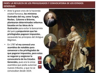 FASES: LA REVUELTA DE LOS PRIVILEGIADOS Y CONVOCATORIA DE LOS ESTADOS
GENERALES
• Ante la grave crisis de la hacienda
estatal francesa, los ministros
ilustrados del rey, como Turgot,
Necker, Calonne o Brienne,
plantearon determinadas reformas
basadas en las ideas de la
Ilustración para evitar la bancarrota
del país y propusieron que los
privilegiados pagasen impuestos ,
socavando los principios del Antiguo
Régimen.
• En 1787 el rey convocó una
asamblea de notables para
convencer a los privilegiados de
que pagaran impuestos, pero estos
se negaron y exigieron la
convocatoria de los Estados
Generales, pues era la única
asamblea que podía autorizar
nuevos tributos, y que no se
convocaban desde 1614.
 
