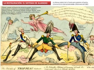 LA RESTAURACIÓN: EL SISTEMA DE ALIANZAS
Alejandro I
de Rusia
Federico
Guillermo III
de Prusia
Francisco I
de Austria
El fuego y el humo de la libertad salen bajo la manta de los tres emperadores
Sicilia
Napoles
Portugal
América del Sur
La Alianza imbécil de la Tiranía para aplastar al Espíritu
Universal de la Libertad derrotada. 30 de enero de 1821
La Fama
Tiranos, cuidado, el Espíritu de Libertad ha surgido. ¡Ay de aquellos
que se atreven a oponerse a su progreso! Mirad a Inglaterra,
América, Domingo, Sudamérica, España, Portugal, Nápoles, Sicilia.
Rusia, Prusia y Austria: ni siquiera la muralla china podrá detener
durante mucho tiempo su marcha
 