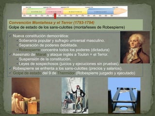 Convención Montañesa y el Terror (1793-1794) 
Golpe de estado de los sans-culottes (montañeses de Robespierre) 
 Nueva constitución democrática: 
• Soberanía popular y sufragio universal masculino. 
• Separación de poderes debilitada. 
• Robespierre concentra todos los poderes (dictadura) 
 Asesinato de Marat y ataque inglés a Toulon = el Terror. 
• Suspensión de la constitución. 
• Leyes de sospechosos (juicios y ejecuciones sin pruebas). 
 Robespierre se enfrenta a los sans-culottes (precios y salarios). 
 Golpe de estado del 9 de Thermidor (Robespierre juzgado y ejecutado) 
 