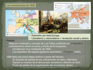 Las revoluciones de 1848 
 Extensión por toda Europa. 
 Liberalismo y nacionalismo + revolución social y obrera. 
Francia: 
 Régimen moderado y corrupto de Luis Felipe sustituido por II República. 
 Levantamiento obrero en junio y triunfo de la burguesía: 
• Constitución muy moderada de 1848. 
• Luis Napoleón Bonaparte (gobierno autoritario) – II Imperio (1852) 
1848 abre una nueva etapa política a pesar del fracaso: 
• Es el punto de partida de las unificaciones de Italia y Alemania. 
• Supuso un avance de la democracia (ampliación derecho al voto). 
• Punto de partida de la organización del movimiento obrero. 
 