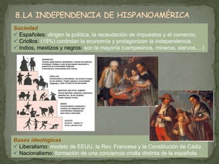 Sociedad 
 Españoles: dirigen la política, la recaudación de impuestos y el comercio. 
 Criollos: (15%) controlan la economía y protagonizan la independencia. 
 Indios, mestizos y negros: son la mayoría (campesinos, mineros, siervos,…) 
Bases ideológicas 
 Liberalismo: modelo de EEUU, la Rev. Francesa y la Constitución de Cádiz. 
 Nacionalismo: formación de una conciencia criolla distinta de la española. 
 