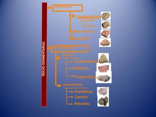 DETRÍTICAS
NO DETRÍTICAS
QUÍMICAS
ORGANÓGENAS
Conglomerados
Areniscas
Arcillas
Brecha
Pudinga
Carbonatadas
Silíceas
Evaporíticas
Fosilíferas
Carbón
Petróleo
 