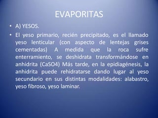 EVAPORITAS
• A) YESOS.
• El yeso primario, recién precipitado, es el llamado
yeso lenticular (con aspecto de lentejas grises
sufrecementadas)
enterramiento,
A medida que la roca
se deshidrata transformándose en
anhidrita (CaSO4) Más tarde, en la epidiagénesis, la
anhidrita puede rehidratarse dando lugar al yeso
secundario en sus distintas modalidades: alabastro,
yeso fibroso, yeso laminar.
 