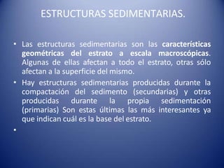 ESTRUCTURAS SEDIMENTARIAS.
• Las estructuras sedimentarias son las características
geométricas del estrato a escala macroscópicas.
Algunas de ellas afectan a todo el estrato, otras sólo
afectan a la superficie del mismo.
• Hay estructuras sedimentarias producidas durante la
compactación del sedimento (secundarias) y otras
producidas durante la propia sedimentación
(primarias) Son estas últimas las más interesantes ya
que indican cuál es la base del estrato.
•
 