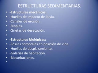 ESTRUCTURAS SEDIMENTARIAS.
• -Estructuras mecánicas:
• -Huellas de impacto de lluvia.
• -Canales de erosión.
• -Ripples.
• -Grietas de desecación.
•
• -Estructuras biológicas:
• -Fósiles corporales en posición de vida.
• -Huellas de desplazamiento.
• -Galerías de habitación.
• -Bioturbaciones.
•
 
