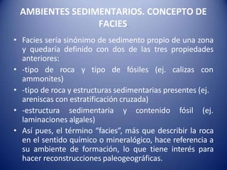 AMBIENTES SEDIMENTARIOS. CONCEPTO DE
FACIES.
• Facies sería sinónimo de sedimento propio de una zona
y quedaría definido con dos de las tres propiedades
anteriores:
• -tipo de roca y tipo de fósiles (ej. calizas con
ammonites)
• -tipo de roca y estructuras sedimentarias presentes (ej.
areniscas con estratificación cruzada)
• -estructura sedimentaria y contenido fósil (ej.
laminaciones algales)
• Así pues, el término “facies”, más que describir la roca
en el sentido químico o mineralógico, hace referencia a
su ambiente de formación, lo que tiene interés para
hacer reconstrucciones paleogeográficas.
 
