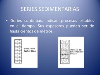 SERIES SEDIMENTARIAS
• -Series continuas. Indican procesos estables
en el tiempo. Sus espesores pueden ser de
hasta cientos de metros.
 