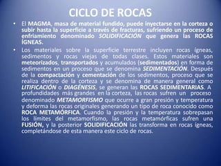 CICLO DE ROCAS
• El MAGMA, masa de material fundido, puede inyectarse en la corteza o
subir hasta la superficie a través de fracturas, sufriendo un proceso de
enfriamiento denominado SOLIDIFICACIÓN que genera las ROCAS
ÍGNEAS.
• Los materiales sobre la superficie terrestre incluyen rocas ígneas,
sedimentos y rocas viejas de todas clases. Estos materiales son
meteorizados, transportados y acumulados (sedimentados) en forma de
sedimentos en un proceso que se denomina SEDIMENTACIÓN. Después
de la compactación y cementación de los sedimentos, proceso que se
realiza dentro de la corteza y se denomina de manera general como
LITIFICACIÓN o DIAGÉNESIS, se generan las ROCAS SEDIMENTARIAS. A
profundidades más grandes en la corteza, las rocas sufren un proceso
denominado METAMORFISMO que ocurre a gran presión y temperatura
y deforma las rocas originales generando un tipo de roca conocido como
ROCA METAMÓRFICA. Cuando la presión y la temperatura sobrepasan
los límites del metamorfismo, las rocas metamórficas sufren una
FUSIÓN, y la posterior SOLIDIFICACIÓN las transforma en rocas ígneas,
completándose de esta manera este ciclo de rocas.
 