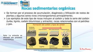  Se forman por el proceso de acumulación, diagénesis y litificación de restos de
plantas y algunos seres vivos (microorganismos principalmente).
 Los ejemplos de este tipo de rocas incluyen al carbón y toda la serie del carbón
(turba, lignito, carbón bituminoso y antracita), rocas relacionadas con el petróleo
y gas.
Fuente: https://geologiaweb.com/rocas-sedimentarias/carbon/
Nota: La antracita es
afectada por procesos
metamórficos.
 