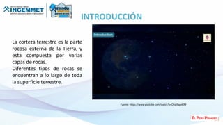 Fuente: https://www.youtube.com/watch?v=OvjgSagxKlM
La corteza terrestre es la parte
rocosa externa de la Tierra, y
esta compuesta por varias
capas de rocas.
Diferentes tipos de rocas se
encuentran a lo largo de toda
la superficie terrestre.
 