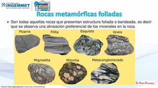  Son todas aquellas rocas que presentan estructura foliada o bandeada, es decir
que se observa una alineación preferencial de los minerales en la roca.
Fuente: https://geologiaweb.com/rocas-metamorficas/
 