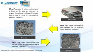 Meta: Para rocas de origen sedimentario
o ígneo en las que se reconoce su
origen. También de modo genérico para
indicar que la roca es metamórfica.
Ejemplo: metalutita.
Orto: Para rocas metamórficas
que derivan de un protolito
ígneo. Ejemplo: ortogneis.
Para: Para rocas metamórficas que
derivan de un protolito sedimentario.
Ejemplo: Paragneis
https://www.ugr.es/~agcasco/personal/petmet/seminario01/PetMet_seminario1.pdf
Metalutita
 