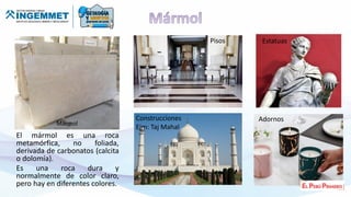 El mármol es una roca
metamórfica, no foliada,
derivada de carbonatos (calcita
o dolomía).
Es una roca dura y
normalmente de color claro,
pero hay en diferentes colores.
Mármol
Pisos Estatuas
Construcciones
Ejm: Taj Mahal
Adornos
 