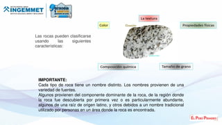 Las rocas pueden clasificarse
usando las siguientes
características:
IMPORTANTE:
Cada tipo de roca tiene un nombre distinto. Los nombres provienen de una
variedad de fuentes.
Algunos provienen del componente dominante de la roca, de la región donde
la roca fue descubierta por primera vez o es particularmente abundante,
algunos de una raíz de origen latino, y otros debidos a un nombre tradicional
utilizado por personas en un área donde la roca es encontrada.
 