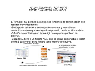 COMO FUNCIONA LOS RSS?
El formato RSS permite las siguientes funciones de comunicación que
resultan muy importantes:
-Suscripción del lector a sus espacios favoritos y leer sólo los
contenidos nuevos que se vayan incorporando desde su última visita.
-Difusión de contenidos en forma ágil para quienes publican en
Internet.
-Cada URL, lleva a un fichero XML, que es el que comprueba el lector
de RSS para ver si dicho fichero tiene información nueva.
 