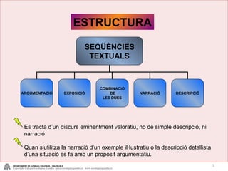 ESTRUCTURA Es tracta d’un discurs eminentment valoratiu, no de simple descripció, ni narració Quan s’utilitza la narració d’un exemple il·lustratiu o la descripció detallista d’una situació es fa amb un propòsit argumentatiu. DEPARTAMENT DE LLENGUA I VALENCIÀ – VALENCIÀ II Copyright Colegio Escolapias Gandia  info@escolapiasgandia.es  www.escolapiasgandia.es SEQÜÈNCIES TEXTUALS ARGUMENTACIÓ EXPOSICIÓ COMBINACIÓ DE LES DUES DESCRIPCIÓ NARRACIÓ 
