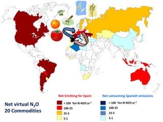 > 100 Ton N-N2O yr-1
100-25
25-5
5-1
Net Emitting for Spain Net consuming Spanish emissions
Net virtual N2O
20 Commodities
> 100 Ton N-N2O yr-1
100-25
25-5
5-1
 