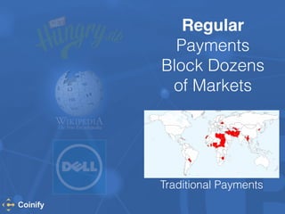 Regular 
Payments 
Block Dozens 
of Markets 
Traditional Payments 
 