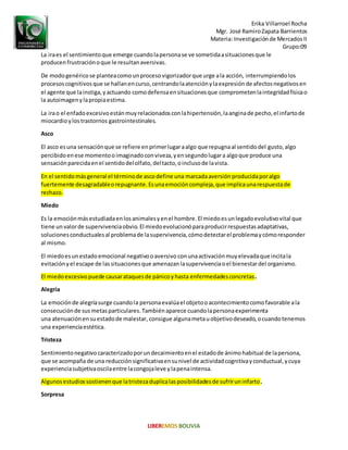 Erika Villarroel Rocha
Mgr. José RamiroZapata Barrientos
Materia: Investigaciónde MercadosII
Grupo:09
La iraes el sentimientoque emerge cuandolapersonase ve sometidaasituacionesque le
producen frustraciónoque le resultanaversivas.
De modogenéricose planteacomounprocesovigorizadorque urge ala acción, interrumpiendolos
procesoscognitivosque se hallanencurso,centrandolaatenciónylaexpresiónde afectosnegativosen
el agente que lainstiga,yactuando comodefensaensituacionesque comprometenlaintegridadfísicao
la autoimagenylapropiaestima.
La irao el enfadoexcesivoestánmuyrelacionadosconlahipertensión,laanginade pecho,el infartode
miocardioylostrastornos gastrointestinales.
Asco
El asco esuna sensaciónque se refiere enprimerlugaraalgo que repugnaal sentidodel gusto,algo
percibidoenese momentooimaginadoconviveza,yensegundolugara algoque produce una
sensaciónparecidaenel sentidodelolfato,deltacto,oinclusode lavista.
En el sentidomásgeneral el términode ascodefine una marcadaaversión producidaporalgo
fuertemente desagradableorepugnante.Esunaemocióncompleja,que implicaunarespuestade
rechazo.
Miedo
Es la emociónmásestudiadaenlosanimalesyenel hombre.El miedoesunlegadoevolutivovital que
tiene un valorde supervivenciaobvio. El miedoevolucionóparaproducirrespuestasadaptativas,
solucionesconductualesal problemade lasupervivencia,cómodetectarel problemaycómoresponder
al mismo.
El miedoesun estadoemocional negativooaversivo conunaactivaciónmuyelevadaque incitala
evitaciónyel escape de lassituacionesque amenazanlasupervivenciaoel bienestardel organismo.
El miedoexcesivopuede causarataquesde pánicoyhasta enfermedadesconcretas.
Alegría
La emociónde alegríasurge cuandola personaevalúael objetooacontecimientocomofavorable ala
consecuciónde susmetasparticulares.Tambiénaparece cuandolapersonaexperimenta
una atenuaciónensuestadode malestar, consigue algunametauobjetivodeseado,ocuandotenemos
una experienciaestética.
Tristeza
Sentimientonegativo caracterizadoporundecaimientoenel estadode ánimohabitual de lapersona,
que se acompaña de una reducciónsignificativaensunivel de actividadcognitivayconductual,ycuya
experienciasubjetivaoscilaentre lacongojaleve ylapenaintensa.
Algunosestudiossostienenque latristezaduplicalasposibilidadesde sufriruninfarto.
Sorpresa
 