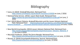 Bibliography
• Suess, B. (2010) Brokeoff Mountain. Retrieved from
http://www.summitpost.org/brokeoff-mountain/150928 on June, 2 2016
• National Parks Service. (2014) Lassen Rock Guide. Retrieved from
https://www.nps.gov/lavo/learn/nature/upload/Rock-Guide.pdf on June, 2
2016
• Carl. (2013) Mount Tehama, Brokeoff Mountain and the Lassen Volcanic National
Park. Retrieved from https://volcanocafe.wordpress.com/2013/10/14/mount-
tehama-brokeoff- mountain-and-the-lassen-volcanic-national-park/ on June, 3 2016
• New World Encyclopedia. (2014) Lassen Volcanic National Park. Retrieved from
http://www.newworldencyclopedia.org/entry/Lassen_Volcanic_National_P
ark on June, 8 2016
• Mountain Professor. (2016) The Sierra Nevada. Retrieved from
http://www.mountainprofessor.com/the-sierra-nevada.html on June, 12 2016
• Musser, G. (2016) Encyclopedia Britannica, Squirrel. Retrieved from
http://www.britannica.com/animal/squirrel on June, 13 2016
 