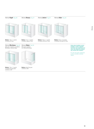 Atenea Kigali    Pág. 86         Atenea Bissau       Pág. 87   Atenea Jartum      Pág. 87   Atenea Aden      Pág. 88




                                                                                                                                                             Atenea
Bañera 1 fijo + 1 puerta         Bañera 1 fijo + 1 puerta      Bañera 2 fijos + 1 puerta    Bañera 2 fijos + 2 puertas
corredera en línea               corredera ciega en línea      corredera central en línea   correderas centrales en línea


Atenea Mombasa         Pág. 88   Atenea Dakar Pág. 89                                                                       Estos dos modelos nunca
Sólo para combinar con Atenea    Sólo para combinar                                                                         pueden ir solos, siempre
Mombasa y Atenea Dakar           con Atenea Mombasa                                                                         se tienen que combinar con
                             Mombasa                                                                                        otros (se especifica debajo
                                                                                                                            del nombre del modelo).

                                                                                                                            En caso de querer solamente
                                                                                                                            un fijo, consultar la familia
                                                                                                                            Space.




Bañera 1 fijo + 1 puerta         Bañera lateral fijo para
corredera en línea para          combinar a 90º
combinar a 90º




                                                                                                                                                        83
 