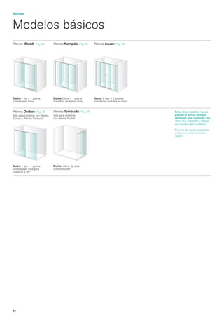 Atenea


Modelos básicos
Atenea Maradi      Pág. 84   Atenea Kampala         Pág. 84   Atenea Asuan       Pág. 85




Ducha 1 fijo + 1 puerta      Ducha 2 fijos + 1 puerta         Ducha 2 fijos + 2 puertas
corredera en línea           corredera central en línea       correderas centrales en línea


Atenea Durban Pág. 85         Atenea Tombuctu Pág. 86                                         Estos dos modelos nunca
Sólo para combinar con Atenea Sólo para combinar                                              pueden ir solos, siempre
Durban y Atenea Tombuctu Durban2
                              con Atenea Durban                                               se tienen que combinar con
                                                                                              otros (se especifica debajo
                                                                                              del nombre del modelo).

                                                                                              En caso de querer solamente
                                                                                              un fijo, consultar la familia
                                                                                              Space.




Ducha 1 fijo + 1 puerta      Ducha lateral fijo para
corredera en línea para      combinar a 90º
combinar a 90º




82
 