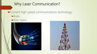 Why Laser Communication?
Current high speed communications technology:
Radio
Fiber Optics
 