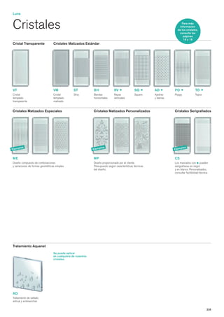 Luna


Cristales                                                                                                                  Para más
                                                                                                                         información
                                                                                                                       de los cristales,
                                                                                                                        consulte las
                                                                                                                            páginas
                                                                                                                            16 y 18
Cristal Transparente              Cristales Matizados Estándar




VT                                VM             ST           BH               RV               SQ         AD        PO                TO
Cristal                           Cristal        Strip        Bandas           Rayas            Square     Ajedrez   Poppy             Topos
templado                          templado                    horizontales     verticales                  y damas
transparente                      matizado


Cristales Matizados Especiales                                Cristales Matizados Personalizados                     Cristales Serigrafiados




        los                                                           los                                                    los
Ejemp                                                         Ejemp                                                  Ejemp


ME                                                            MP                                                     CS
Diseño compuesto de combinaciones                             Diseño proporcionado por el cliente.                   Los marcados con pueden
y variaciones de formas geométricas simples.                  Presupuesto según características técnicas             serigrafiarse en negro
                                                              del diseño.                                            y en blanco. Personalizados,
                                                                                                                     consultar factibilidad técnica.




Tratamiento Aquanet
                                  Se puede aplicar
                                  en cualquiera de nuestros
                                  cristales.




AQ
Tratamiento de sellado
antical y antimanchas


                                                                                                                                                  235
 