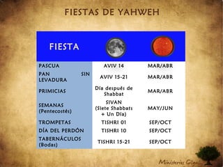 FIESTAS DE YAHWEH
FIESTA
PASCUA AVIV 14 MAR/ABR
PAN SIN
LEVADURA
AVIV 15-21 MAR/ABR
PRIMICIAS
Día después de
Shabbat
MAR/ABR
SEMANAS
(Pentecostés)
SIVAN
(Siete Shabbats
+ Un Día)
MAY/JUN
TROMPETAS TISHRI 01 SEP/OCT
DÍA DEL PERDÓN TISHRI 10 SEP/OCT
TABERNÁCULOS
(Bodas)
TISHRI 15-21 SEP/OCT
 