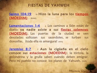 FIESTAS DE YAHWEH
Salmo 104:19 19 Hizo la luna para los tiempos
(MOEDIM) . (RV60)
Lamentaciones 1:4 4 Los caminos a Sión están de
duelo; ya nadie asiste a sus fiestas solemnes
(MOEDIM). Las puertas de la ciudad se ven
desoladas: sollozan sus sacerdotes, se turban sus
doncellas, ¡toda ella es amargura! (NVI)
Jeremías 8:7 7 Aun la cigüeña en el cielo
conoce sus estaciones (MOEDIM); la tórtola, la
golondrina y la grulla saben cuándo deben emigrar.
Pero mi pueblo no conoce los planes de Yahweh. (NVI)
 