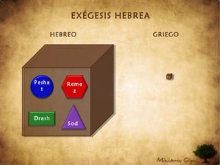 EXÉGESIS HEBREA
HEBREO GRIEGO
Pesha
t
Reme
z
Drash
Sod
 