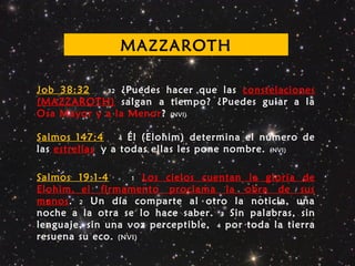 Job 38:32 32 ¿Puedes hacer que las constelaciones
(MAZZAROTH) salgan a tiempo? ¿Puedes guiar a la
Osa Mayor y a la Menor? (NVI)
Salmos 147:4 4 Él (Elohim) determina el número de
las estrellas y a todas ellas les pone nombre. (NVI)
Salmos 19:1-4 1 Los cielos cuentan la gloria de
Elohim, el firmamento proclama la obra de sus
manos. 2 Un día comparte al otro la noticia, una
noche a la otra se lo hace saber. 3 Sin palabras, sin
lenguaje, sin una voz perceptible, 4 por toda la tierra
resuena su eco. (NVI)
MAZZAROTH
 