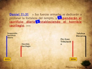 Daniel 11:31 31 Sus fuerzas armadas se dedicarán a
profanar la fortaleza del templo, y suspenderán el
sacrificio diario, estableciendo el horrible
sacrilegio. (NVI)
2013 2016
Suspensión
Sacrificio
Diario
Horrible
Sacrilegio
1
2
Yahshua
Descansa
Fin Gran
Tribulació
n
 