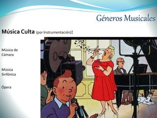 Géneros Musicales
Música Culta (por Instrumentación):
Música de
Cámara
Música
Sinfónica
Ópera
 