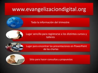www.evangelizaciondigital.org
Toda la información del trimestre
Lugar sencillo para registrarse a los distintos cursos y
talleres
Lugar para encontrar las presentaciones en PowerPoint
de las charlas
Sitio para hacer consultas y propuestas
 