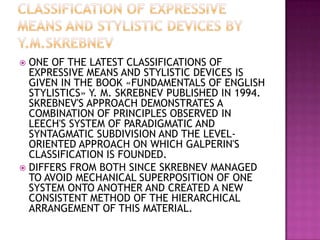 ONE OF THE LATEST CLASSIFICATIONS OF
EXPRESSIVE MEANS AND STYLISTIC DEVICES IS
GIVEN IN THE BOOK «FUNDAMENTALS OF ENGLISH
STYLISTICS» Y. M. SKREBNEV PUBLISHED IN 1994.
SKREBNEV'S APPROACH DEMONSTRATES A
COMBINATION OF PRINCIPLES OBSERVED IN
LEECH'S SYSTEM OF PARADIGMATIC AND
SYNTAGMATIC SUBDIVISION AND THE LEVELORIENTED APPROACH ON WHICH GALPERIN'S
CLASSIFICATION IS FOUNDED.
 DIFFERS FROM BOTH SINCE SKREBNEV MANAGED
TO AVOID MECHANICAL SUPERPOSITION OF ONE
SYSTEM ONTO ANOTHER AND CREATED A NEW
CONSISTENT METHOD OF THE HIERARCHICAL
ARRANGEMENT OF THIS MATERIAL.


 