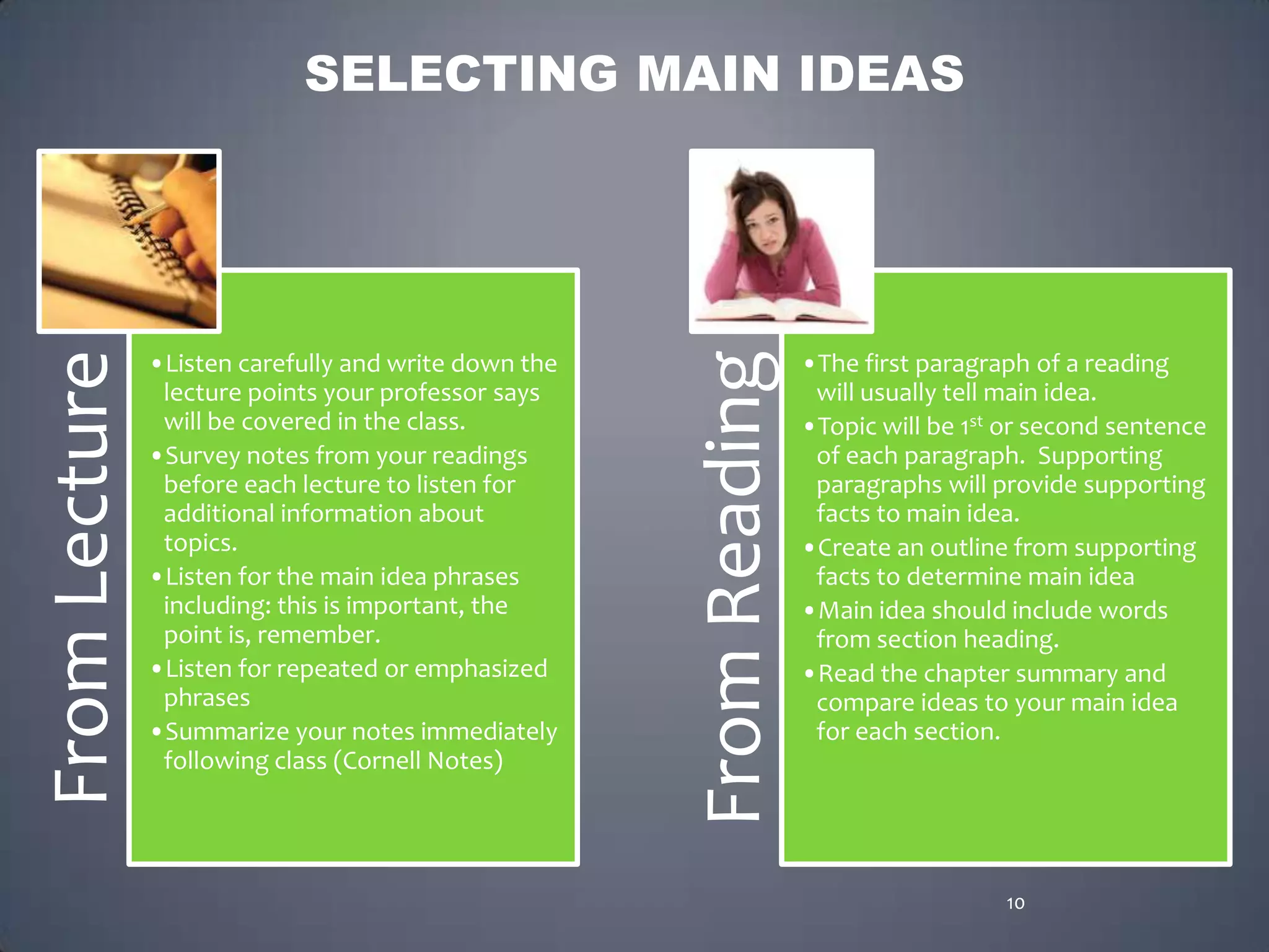 SELECTING MAIN IDEAS




                                                      From Reading
From Lecture


               •Listen carefully and write down the                  •The first paragraph of a reading
                lecture points your professor says                    will usually tell main idea.
                will be covered in the class.                        •Topic will be 1st or second sentence
               •Survey notes from your readings                       of each paragraph. Supporting
                before each lecture to listen for                     paragraphs will provide supporting
                additional information about                          facts to main idea.
                topics.                                              •Create an outline from supporting
               •Listen for the main idea phrases                      facts to determine main idea
                including: this is important, the                    •Main idea should include words
                point is, remember.                                   from section heading.
               •Listen for repeated or emphasized                    •Read the chapter summary and
                phrases                                               compare ideas to your main idea
               •Summarize your notes immediately                      for each section.
                following class (Cornell Notes)




                                                                                       10
 
