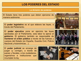 LOS PODERES DEL ESTADO
                             La división de poderes

El Estado tiene tres poderes que deben ejercerse de
manera autónoma:


 El poder legislativo es el que elabora las leyes, a
 través del Parlamento.

 El poder ejecutivo pone en ejercicio las leyes
 aprobadas por el Parlamento, esta labor la ejerce el
 gobierno. El gobierno también es responsable de
 mantener el orden público a través de las fuerzas y
 cuerpos del Estado (en España, Guardia Civil, Policía
 Nacional y Autonómicas…).

 El poder judicial se encarga de
 juzgar (y corregir), a través de
 jueces y fiscales, a los ciudadanos,
 organismos e instituciones que
 incumplan la ley.
 