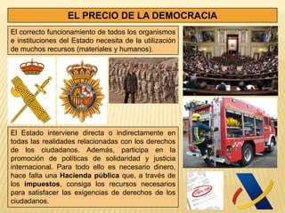 EL PRECIO DE LA DEMOCRACIA
El correcto funcionamiento de todos los organismos
e instituciones del Estado necesita de la utilización
de muchos recursos (materiales y humanos).




El Estado interviene directa o indirectamente en
todas las realidades relacionadas con los derechos
de los ciudadanos. Además, participa en la
promoción de políticas de solidaridad y justicia
internacional. Para todo ello es necesario dinero,
hace falta una Hacienda pública que, a través de
los impuestos, consiga los recursos necesarios
para satisfacer las exigencias de derechos de los
ciudadanos.
 