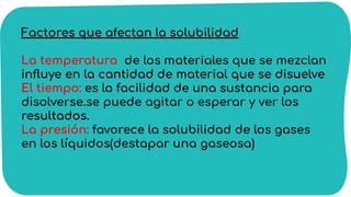 Factores que afectan la solubilidad
La temperatura de los materiales que se mezclan
inﬂuye en la cantidad de material que se disuelve
El tiempo: es la facilidad de una sustancia para
disolverse.se puede agitar o esperar y ver los
resultados.
La presión: favorece la solubilidad de los gases
en los líquidos(destapar una gaseosa)
 
