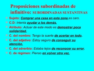  Sujeto: Comprar una casa en esta zona es caro.
 C.D: Intenta ayudar a los demás.
 Atributo: Actuar de este modo es demostrar poca
solidaridad.
 C. del nombre: Tengo la suerte de acertar en todo.
 C. del adjetivo: Estoy seguro de conseguir su
atención.
 C. del adverbio: Estaba lejos de reconocer su error.
 C. de régimen: Pienso en volver otra vez.
Proposiciones subordinadas de
infinitivo: SUBORDINADAS SUSTANTIVAS
 