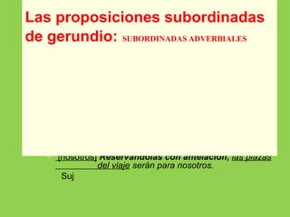  Cláusula absoluta
 Tiene su propio sujeto.
 Tiene entonación autónoma, marcada por medio
de pausas al hablar y por comas en la escritura,
 Desempeña la función más usual del gerundio:
la de complemento circunstancial.
 Condicional: Aprobándolo el director, tendremos
[nosotros! fiesta.
Suj Suj elíptico
 [nosotros] Reservándolas con antelación, las plazas
del viaje serán para nosotros.
Suj
Las proposiciones subordinadas
de gerundio: SUBORDINADAS ADVERBIALES
 
