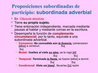  En Cláusula absoluta:
 Tiene su propio sujeto.
 Tiene entonación independiente, marcada mediante
pausas al hablar y mediante comas en la escritura.
 Desempeña la función de complemento
circunstancial; por lo tanto, equivale a una
subordinada adverbial.
 Concesiva: No concedida aún la licencia, comenzaron
[ellos] a construir. Suj
Suj
 Modal: Vueltos al cielo su ojos, se lo rogó [él]
Suj Suj
 Temporal: Terminada la fiesta, se fueron [ellos] a dormir.
Suj Suj
 Condicional: Visto así [eso] , llevarías [tú] razón
Proposiciones subordinadas de
participio: subordinada adverbial
 