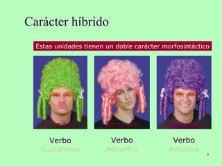 Carácter híbrido
3
Infinitivo Gerundio Participio
Verbo
Sustantivo
Verbo
Adverbio
Verbo
Adjetivo
Estas unidades tienen un doble carácter morfosintáctico
 