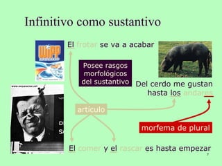Infinitivo como sustantivo
7
El frotar se va a acabar
El comer y el rascar es hasta empezar
Del cerdo me gustan
hasta los andares
artículo
morfema de plural
Posee rasgos
morfológicos
del sustantivo
 