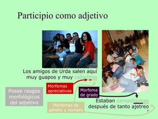 Participio como adjetivo
9
Estaban cansadísimas
después de tanto ajetreo
Los amigos de Urda salen aquí
muy guapos y muy calladitos
Posee rasgos
morfológicos
del adjetivo Morfemas de
género y número
Morfema
de grado
Morfemas
apreciativos
 