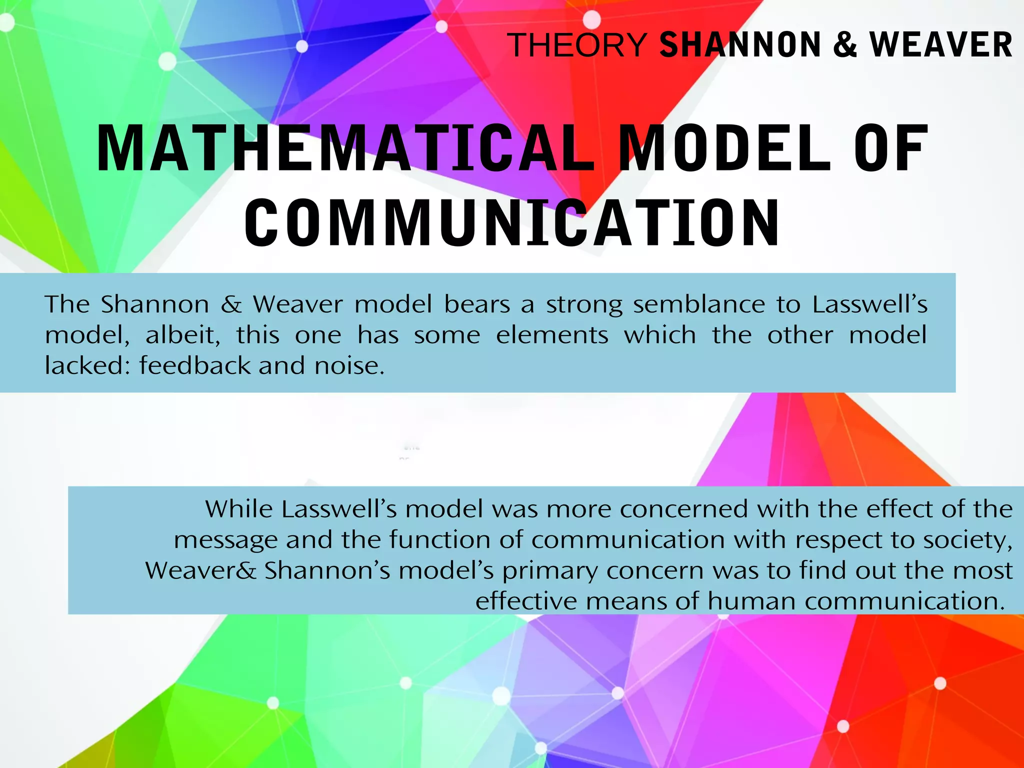 MATHEMATICAL MODEL OF
COMMUNICATION
THEORY SHANNON & WEAVER
The Shannon & Weaver model bears a strong semblance to Lasswell’s
model, albeit, this one has some elements which the other model
lacked: feedback and noise.
While Lasswell’s model was more concerned with the effect of the
message and the function of communication with respect to society,
Weaver& Shannon’s model’s primary concern was to find out the most
effective means of human communication.
 