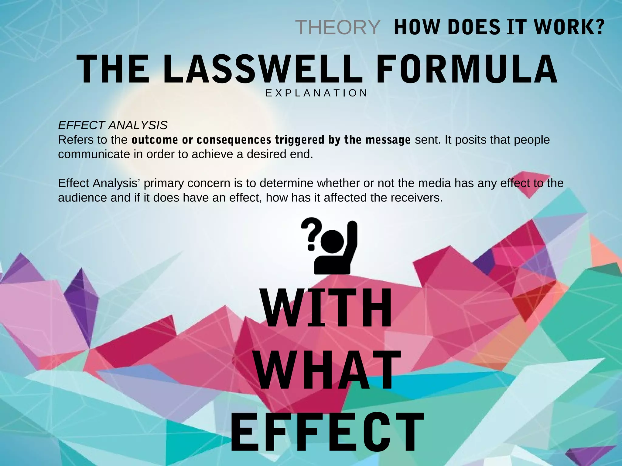 THE LASSWELL FORMULA
THEORY HOW DOES IT WORK?
E X P L A N A T I O N
EFFECT ANALYSIS
Refers to the outcome or consequences triggered by the message sent. It posits that people
communicate in order to achieve a desired end.
Effect Analysis’ primary concern is to determine whether or not the media has any effect to the
audience and if it does have an effect, how has it affected the receivers.
WITH
WHAT
EFFECT
 